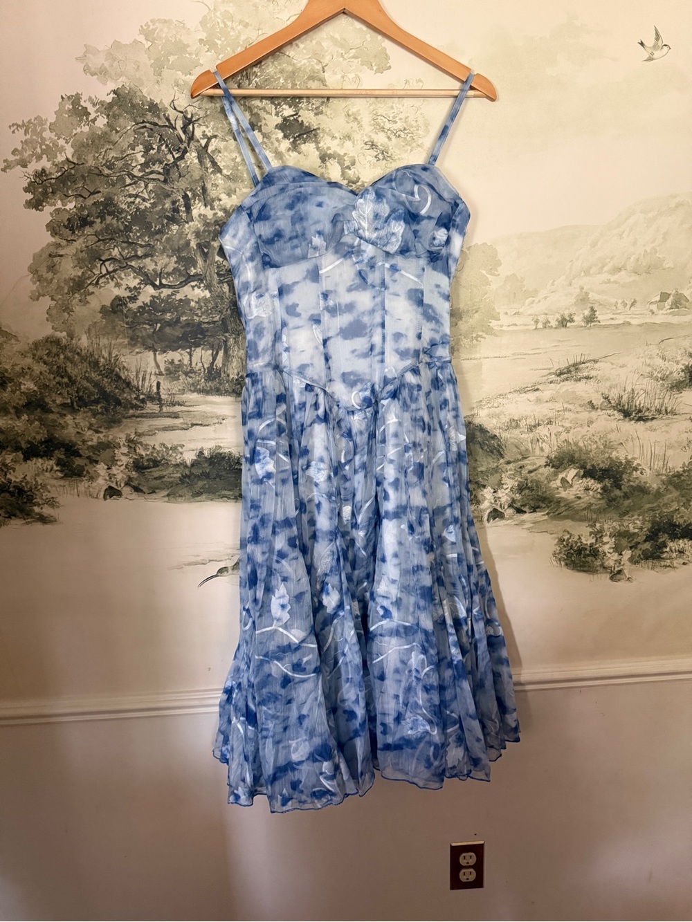 Blue Tie-Dye Midi Sundress with Spaghetti Straps